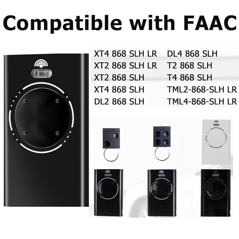2PCS 868MHZ Garage Door Garage Remote, Hand Transmitter, 4 Channels, Compatible with FAAC XT4 868 SLH LR, XT4 868 SLH, XT2 868 SLH, XT2 868 SLH LR,Black
