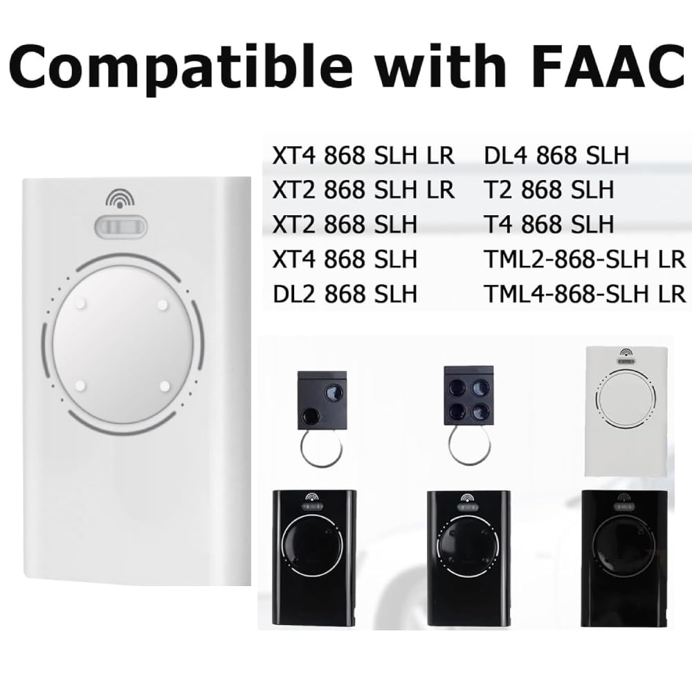 2PCS 868MHZ Garage Door Garage Remote, 4 Channels, Compatible with FAAC XT4 868 SLH LR, XT4 868 SLH, XT2 868 SLH, XT2 868 SLH LR, White