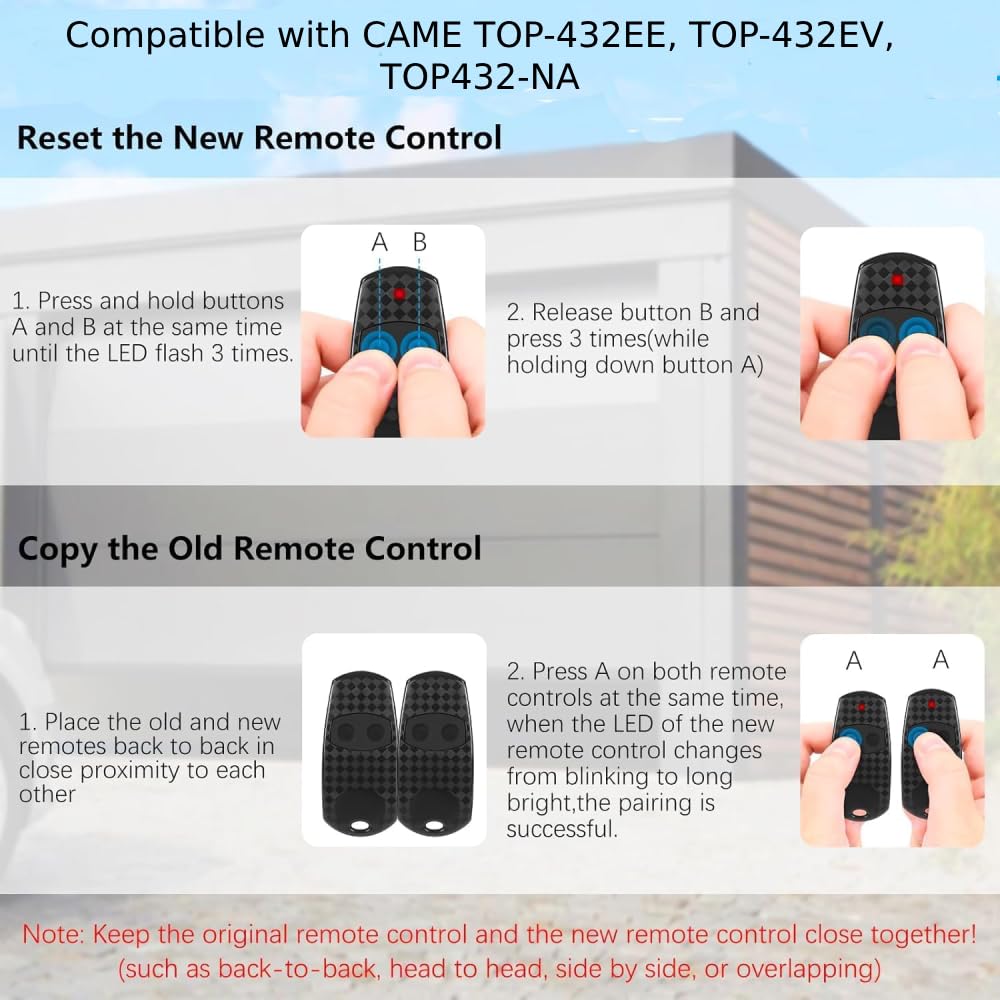 3 Pack Garage Door Remote Control Key, 433.92MHZ, Universal Gate Fob Remote Compatible with CAM TOP-432EE, TOP-432EV,TOP432-NA