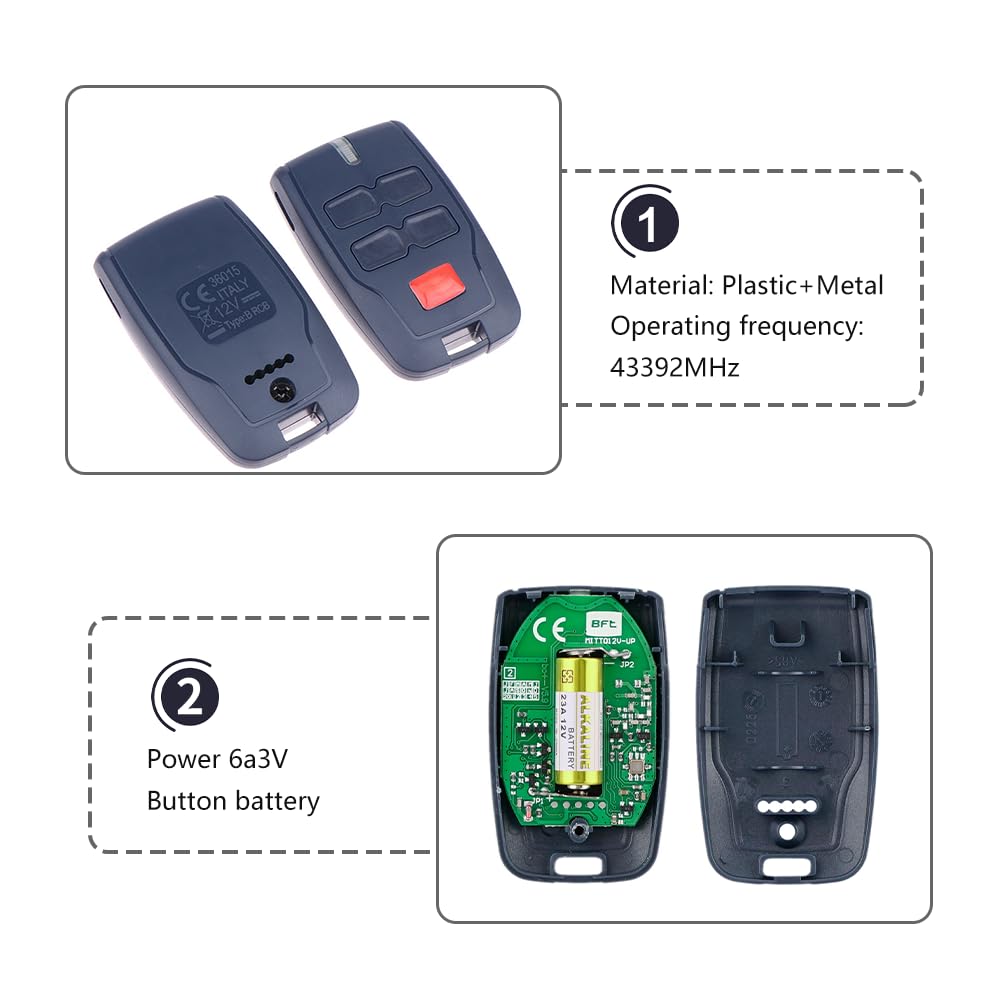 3 PCS Garage Remote Control Key for BFT MITTO 2 B RCB, 433MHZ, 2 Buttons BFT Remote, Remote Control for Rolling BFT MITTO 2, Kleio, Ghibli, TRC 2, TR