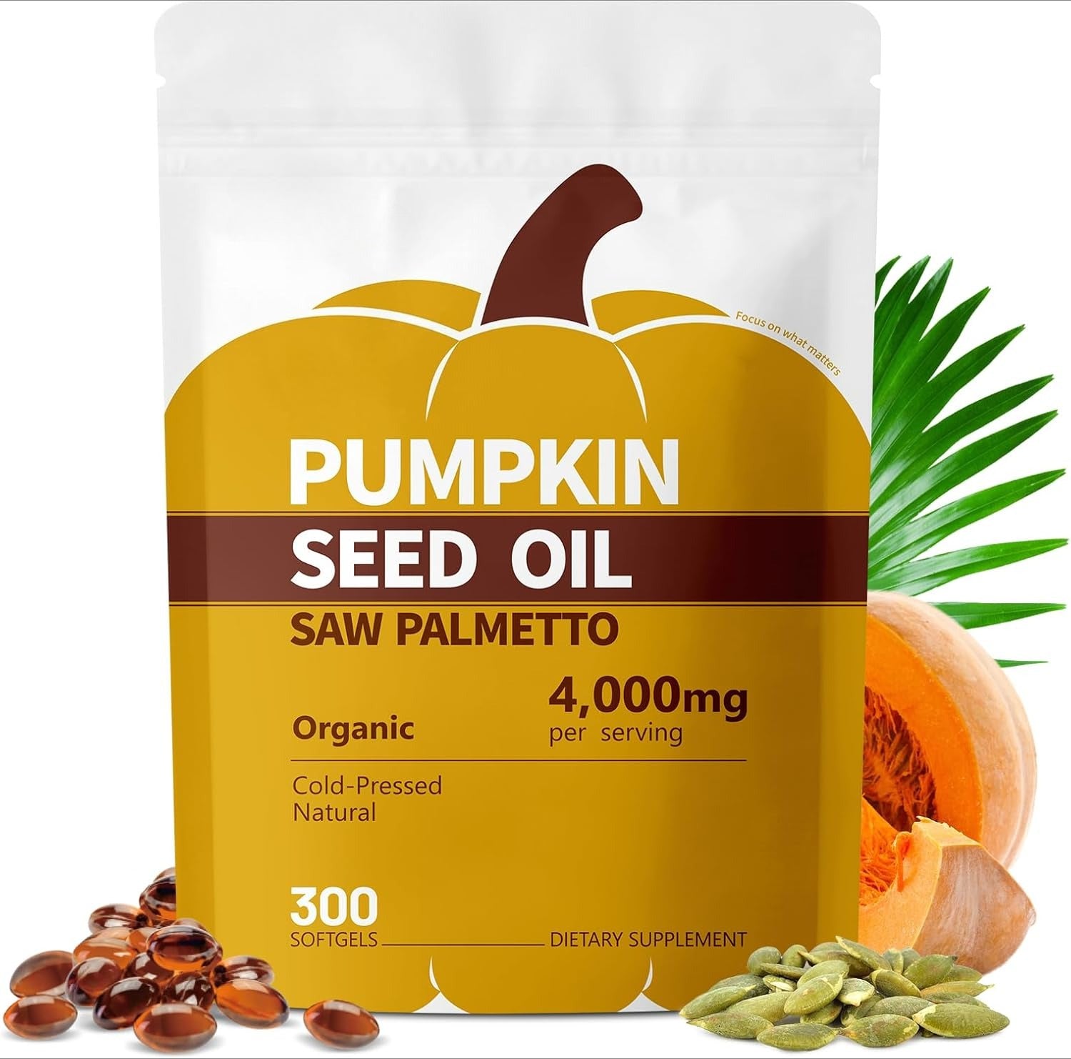Pumpkin Seed Oil with Saw Palmetto Capsules, 4000mg 300 Softgels | Organic, Cold Pressed | DHT Blocker | Supports Hair, Urinary, Bladder & Prostate Health | Non-GMO