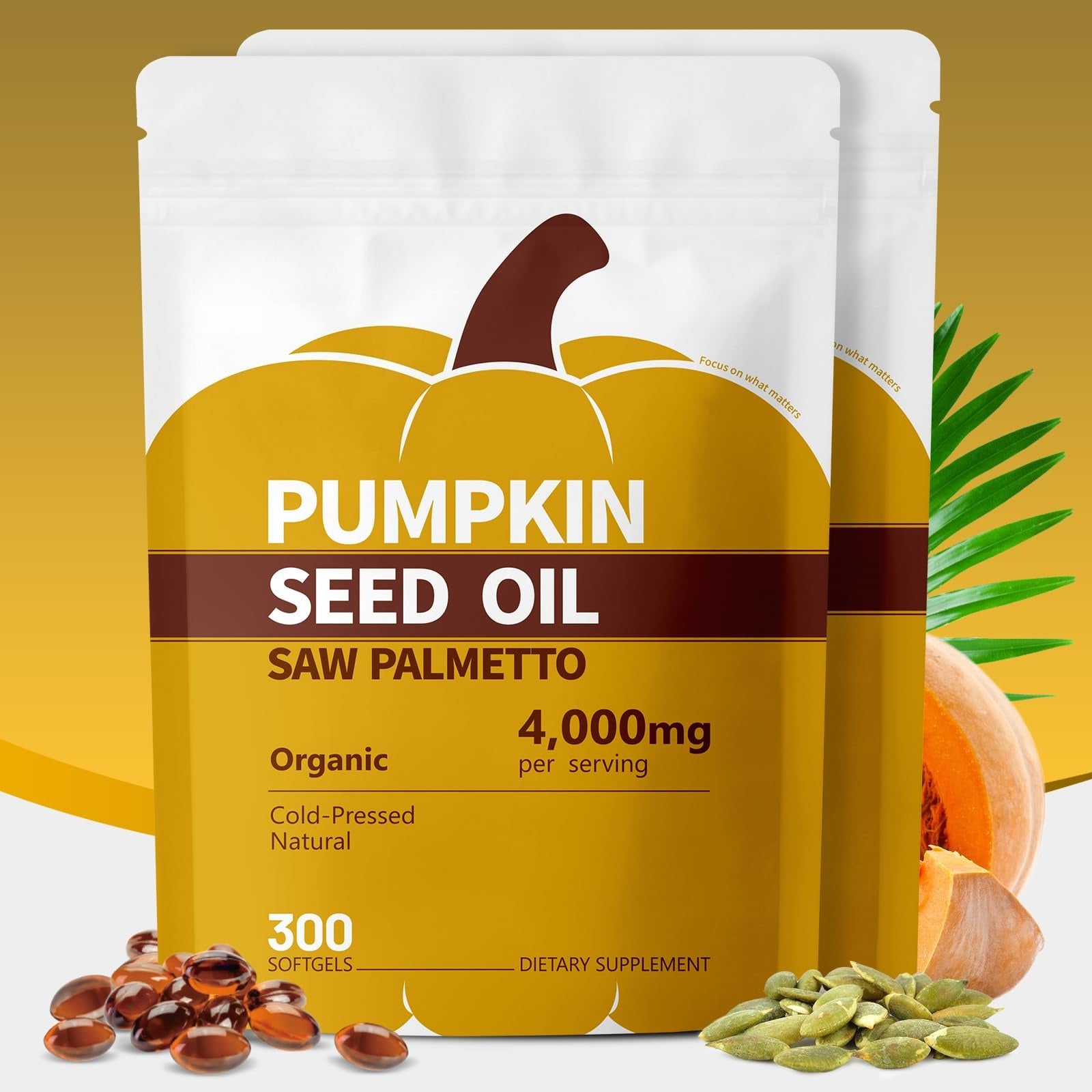Pumpkin Seed Oil with Saw Palmetto Capsules, 4000mg 300 Softgels | Organic, Cold Pressed | DHT Blocker | Supports Hair, Urinary, Bladder & Prostate Health | Non-GMO