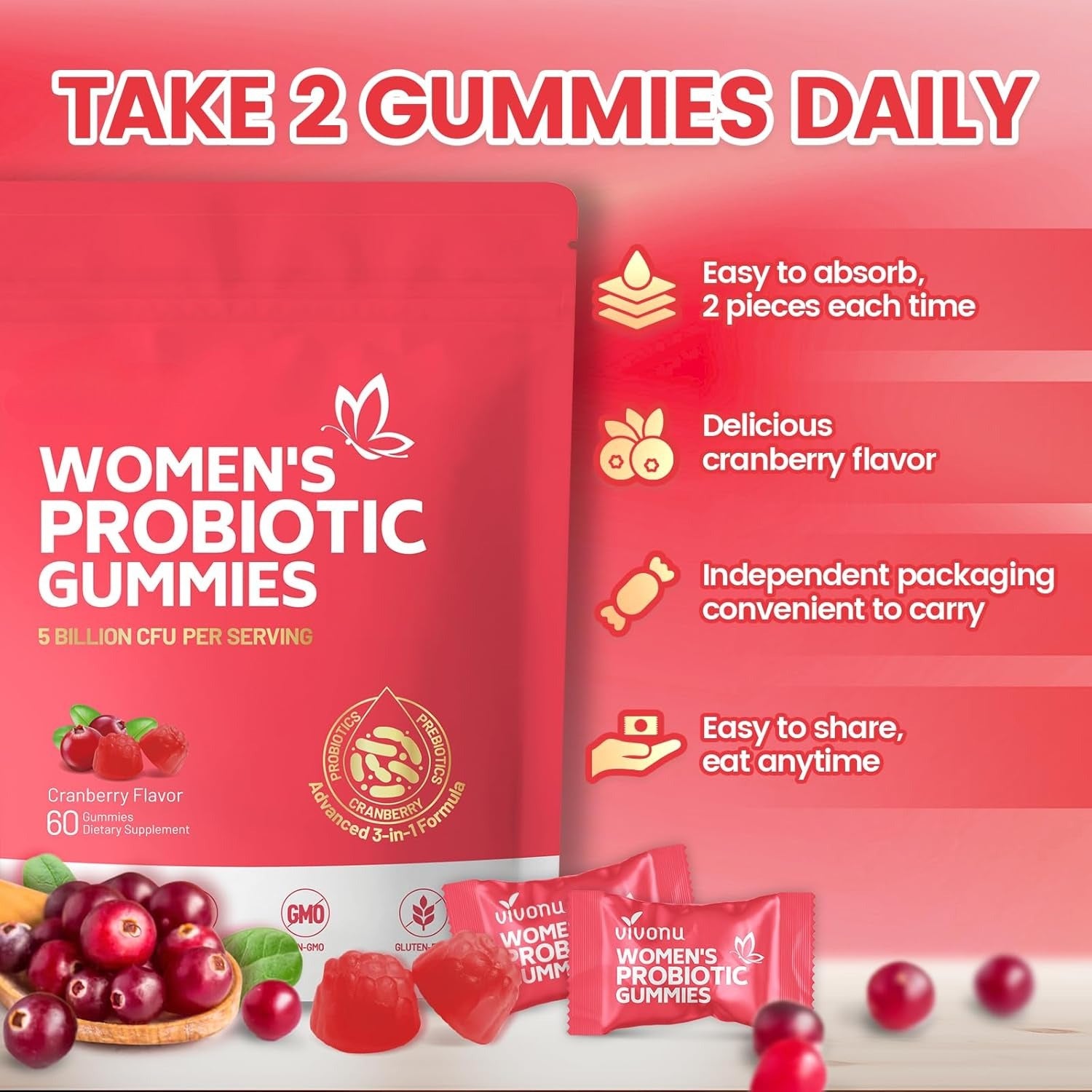 Viginal Probiotics for Women, Women Probiotic Gummies, Feminine Balance Gummies, Prebiotic Gummy, Cranberry Probiotics for Woman Vaginigal Health