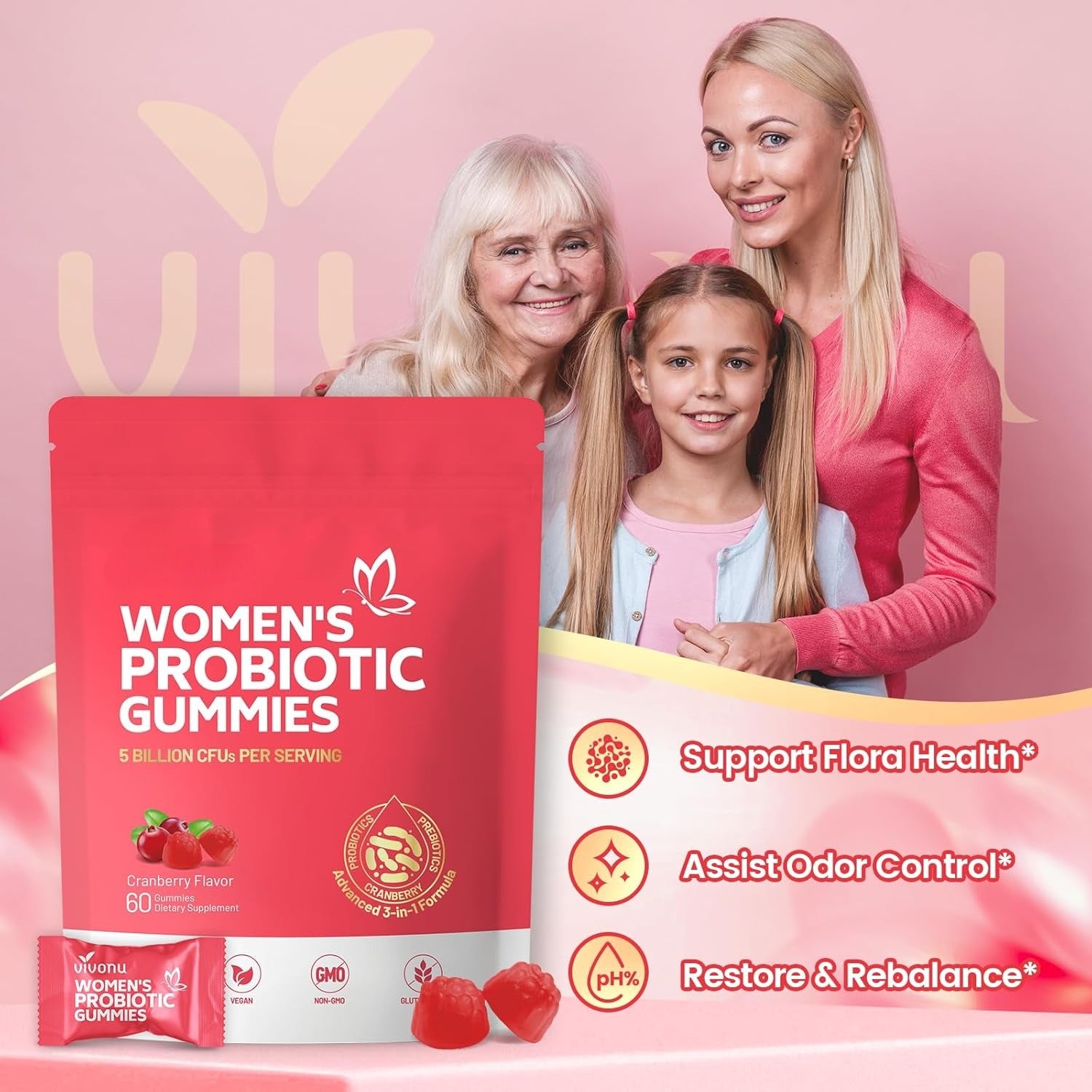 Viginal Probiotics for Women, Women Probiotic Gummies, Feminine Balance Gummies, Prebiotic Gummy, Cranberry Probiotics for Woman Vaginigal Health