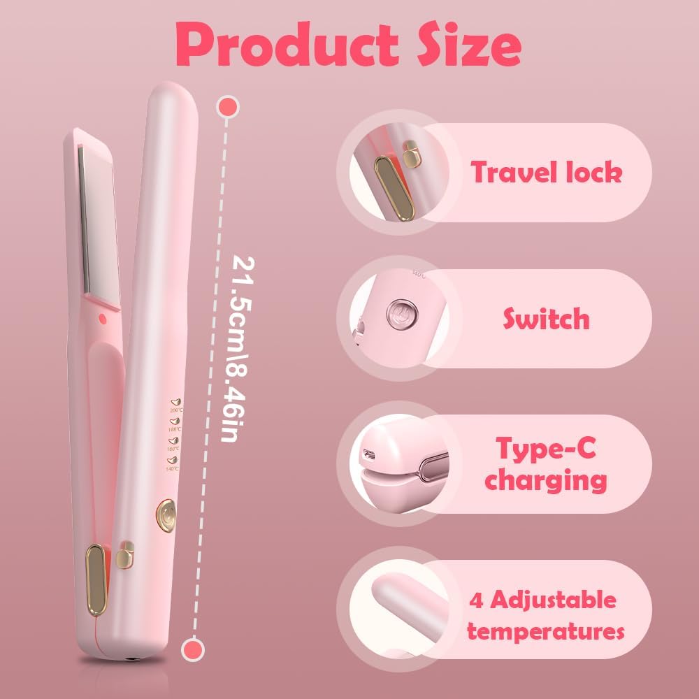 Cordless Hair Straighteners, 2 in 1 Hair Straightener and Curler Mini Portable Wireless Hair Straighteners Curling Iron with 4 Temperature USB Rechargeable Travel Straighteners, Fast Heat Up