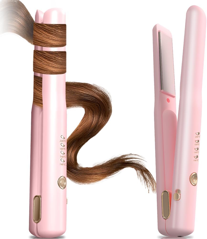 Cordless Hair Straighteners, 2 in 1 Hair Straightener and Curler Mini Portable Wireless Hair Straighteners Curling Iron with 4 Temperature USB Rechargeable Travel Straighteners, Fast Heat Up