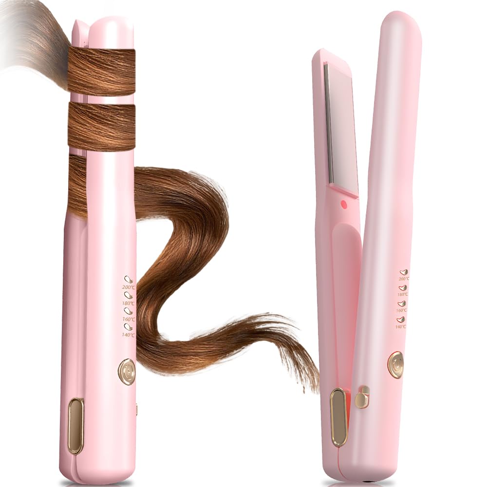 Cordless Hair Straighteners, 2 in 1 Hair Straightener and Curler Mini Portable Wireless Hair Straighteners Curling Iron with 4 Temperature USB Rechargeable Travel Straighteners, Fast Heat Up