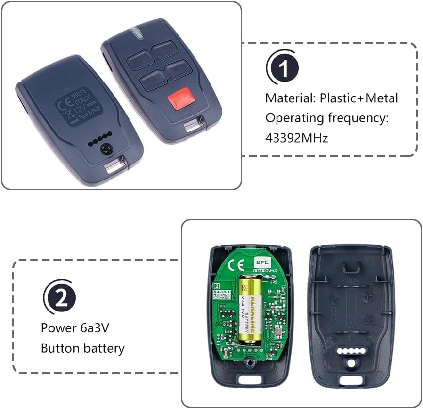 2 Pcs Garage Remote Controls for BFT Mitto B RCB, 433,92Mhz Rolling Code, 4-Channel BFT Remote, for Rolling BFT MITTO 2, Kleio, Ghibli, TRC 2, TR