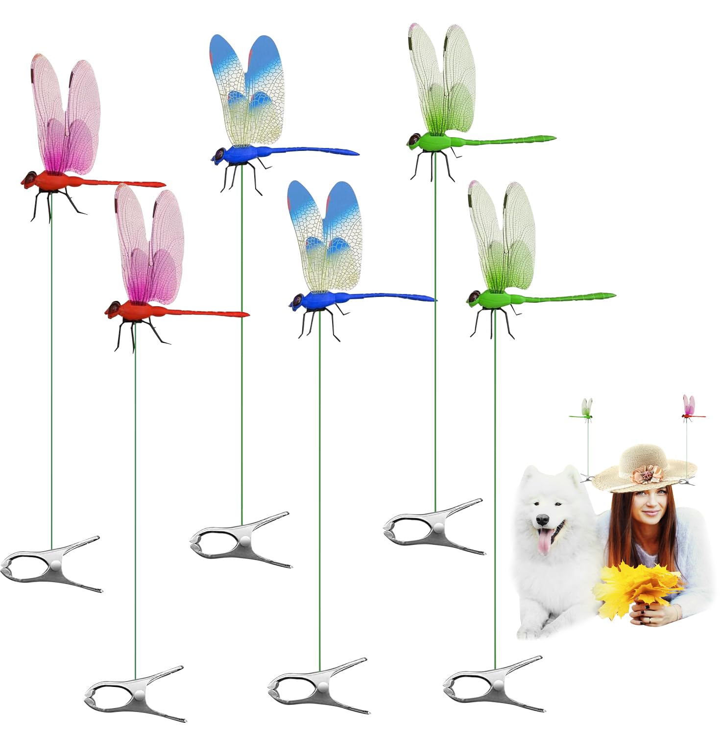 3 Pack Dragonfly Clip,Fake Dragonflies, Humming Bird Stakes Fake, Plastics Dragonfly for Garden Stakes Decor Yard Ornaments for Hat,Deer and Horse,Fly Scare Devices for Indoor Outdoor