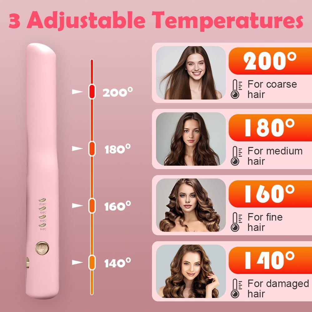 Cordless Hair Straighteners, 2 in 1 Hair Straightener and Curler Mini Portable Wireless Hair Straighteners Curling Iron with 4 Temperature USB Rechargeable Travel Straighteners, Fast Heat Up