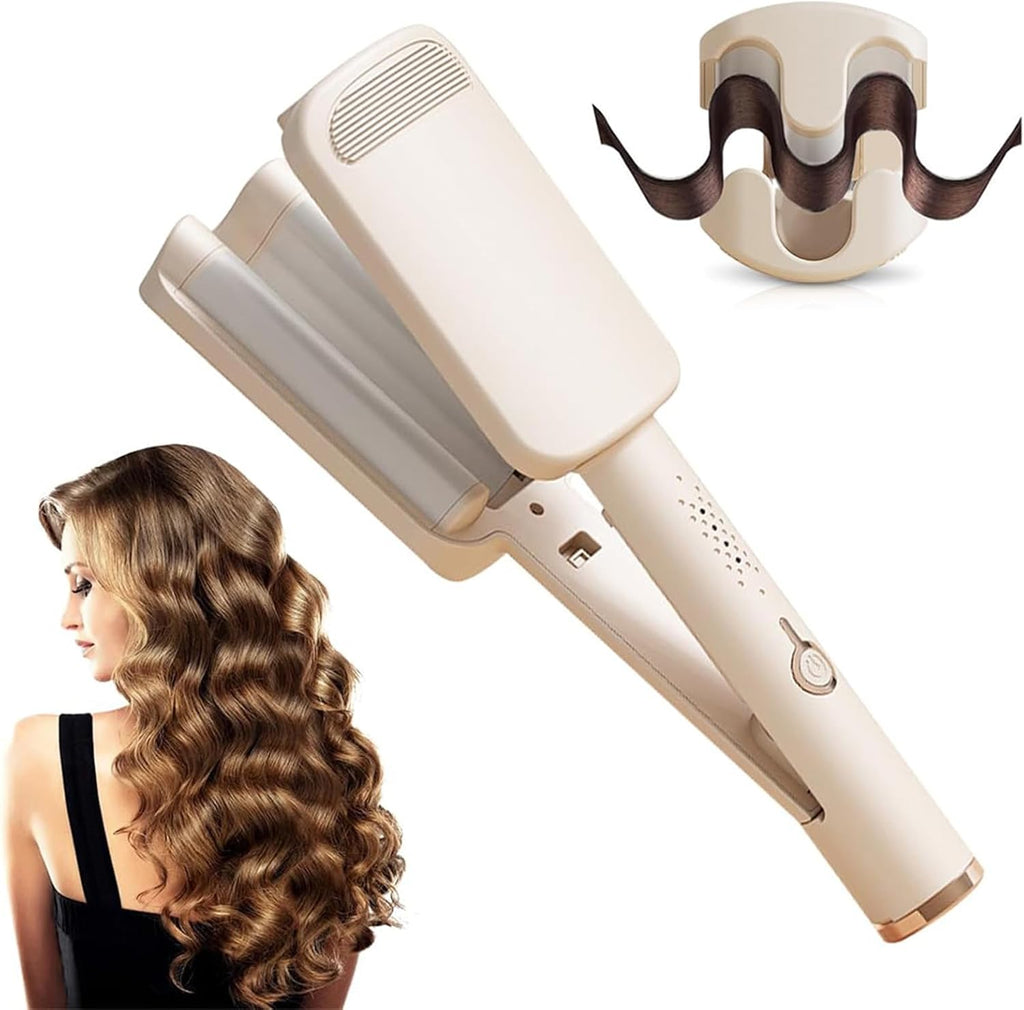 Hair Waver Crimper, 32mm French Wave Curling Iron with 4 Temperature Settings, Anti-Scald Mermaid Curling Wand Hair Waver for Short and Long Hair (Beige)