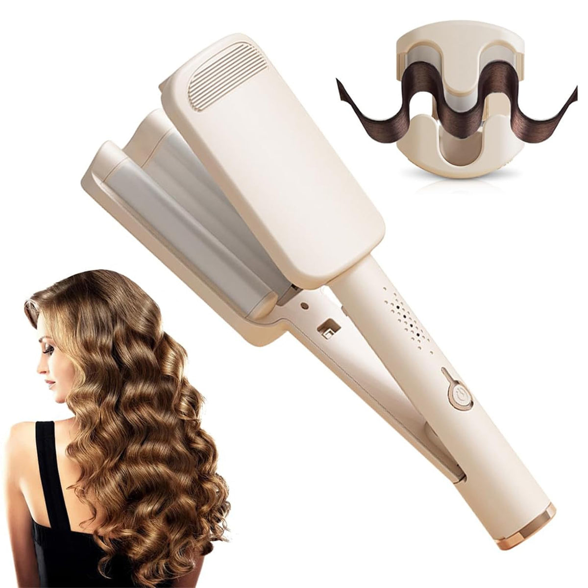 Hair Waver Crimper, 32mm French Wave Curling Iron with 4 Temperature Settings, Anti-Scald Mermaid Curling Wand Hair Waver for Short and Long Hair (Beige)