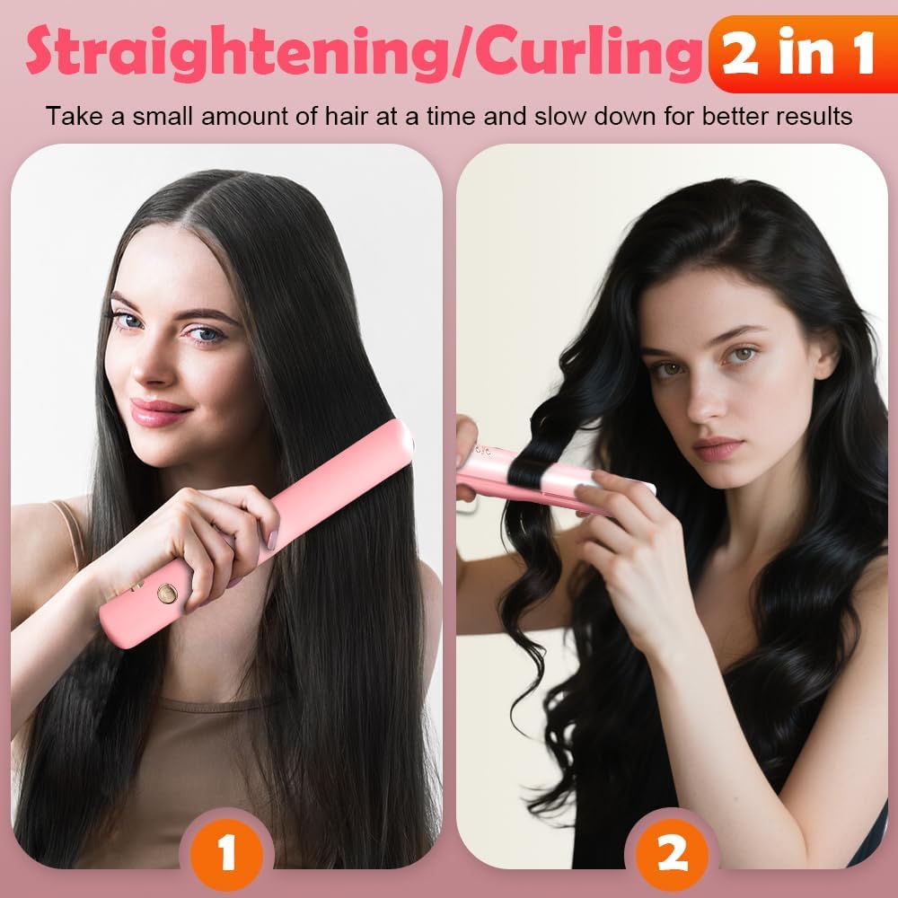 Cordless Hair Straighteners, 2 in 1 Hair Straightener and Curler Mini Portable Wireless Hair Straighteners Curling Iron with 4 Temperature USB Rechargeable Travel Straighteners, Fast Heat Up