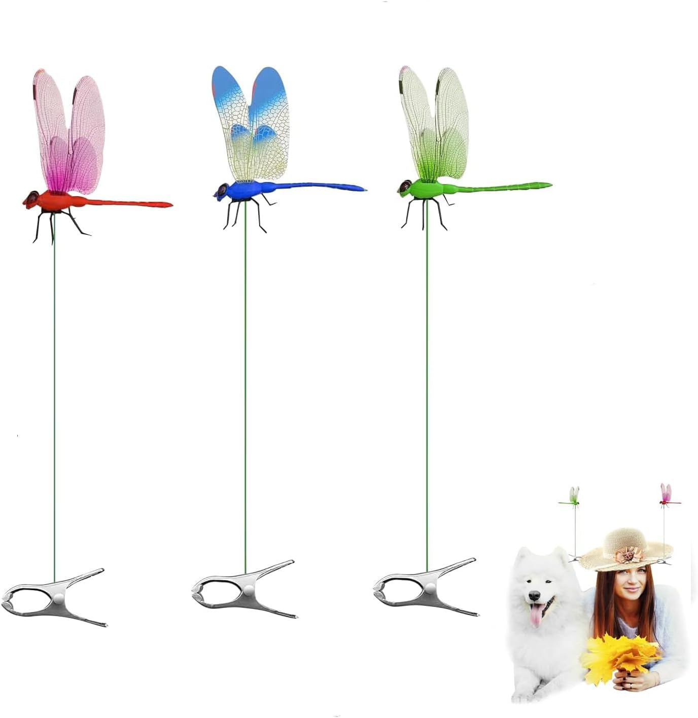 3 Pack Dragonfly Clip,Fake Dragonflies, Humming Bird Stakes Fake, Plastics Dragonfly for Garden Stakes Decor Yard Ornaments for Hat,Deer and Horse,Fly Scare Devices for Indoor Outdoor