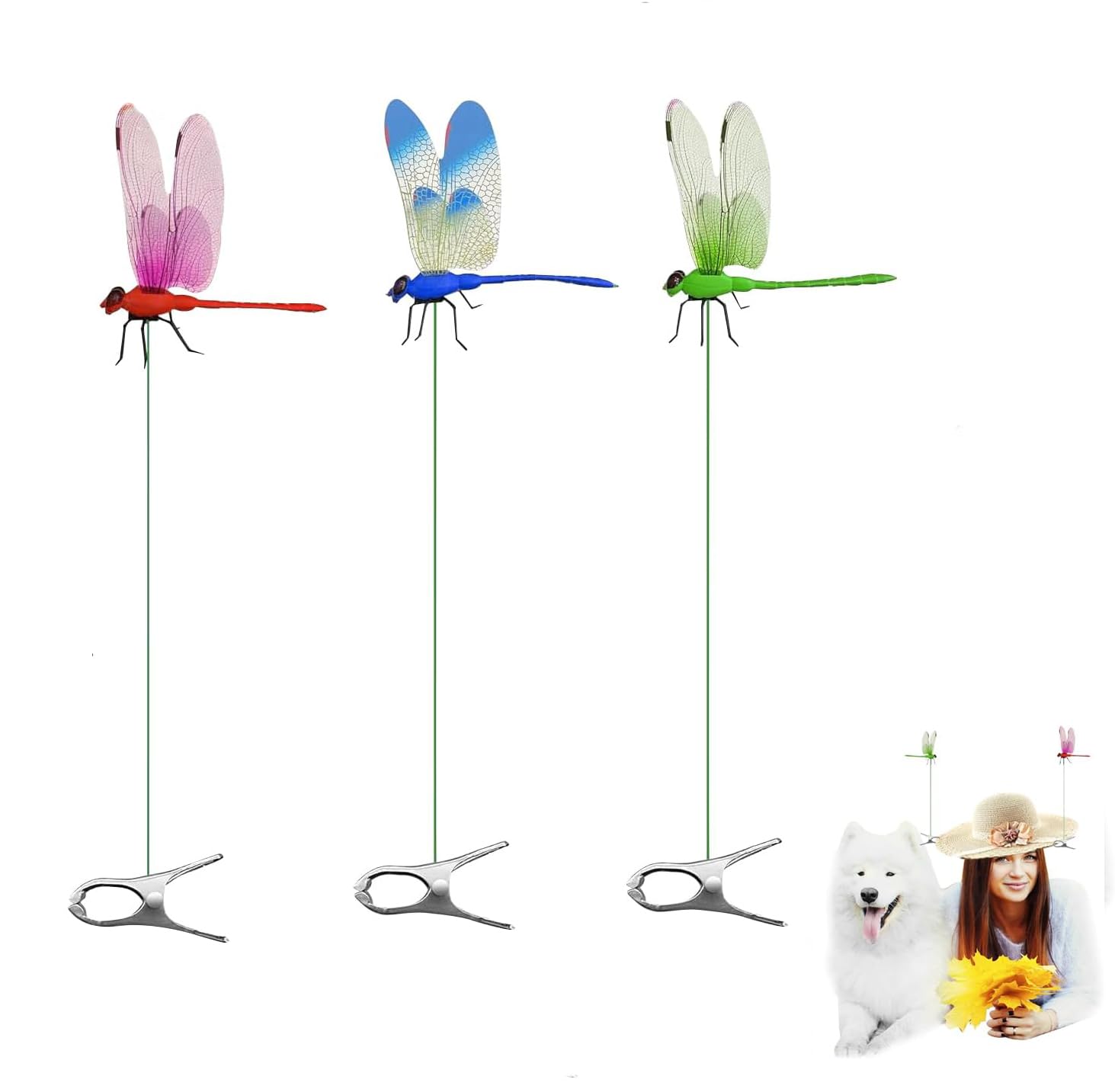 3 Pack Dragonfly Clip,Fake Dragonflies, Humming Bird Stakes Fake, Plastics Dragonfly for Garden Stakes Decor Yard Ornaments for Hat,Deer and Horse,Fly Scare Devices for Indoor Outdoor