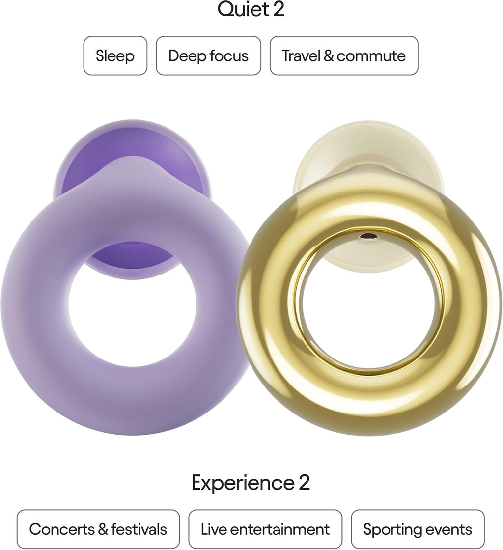 Earplugs Day & Night Bundle (2-Pack) Quiet 2 + Experience 2 | Reusable Ear Plugs for Sleep, Noise Sensitivity, Music & More | 24 dB/18 dB Noise Reduction