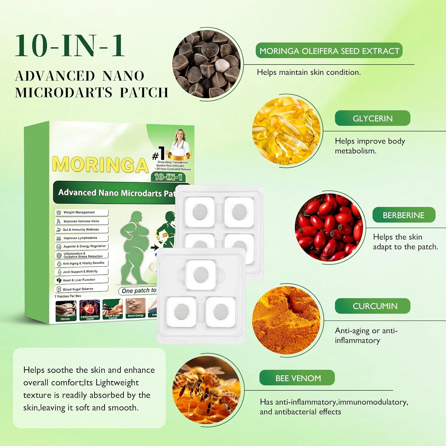 Moringa Berberine Patches, Moringa 10-in-1 Nano Microdarts Patch, 2026 Upgraded 10-in-1 Nano Microdarts Patch, Natural Body Patches for Women and Men, Suitable for All Skin Types