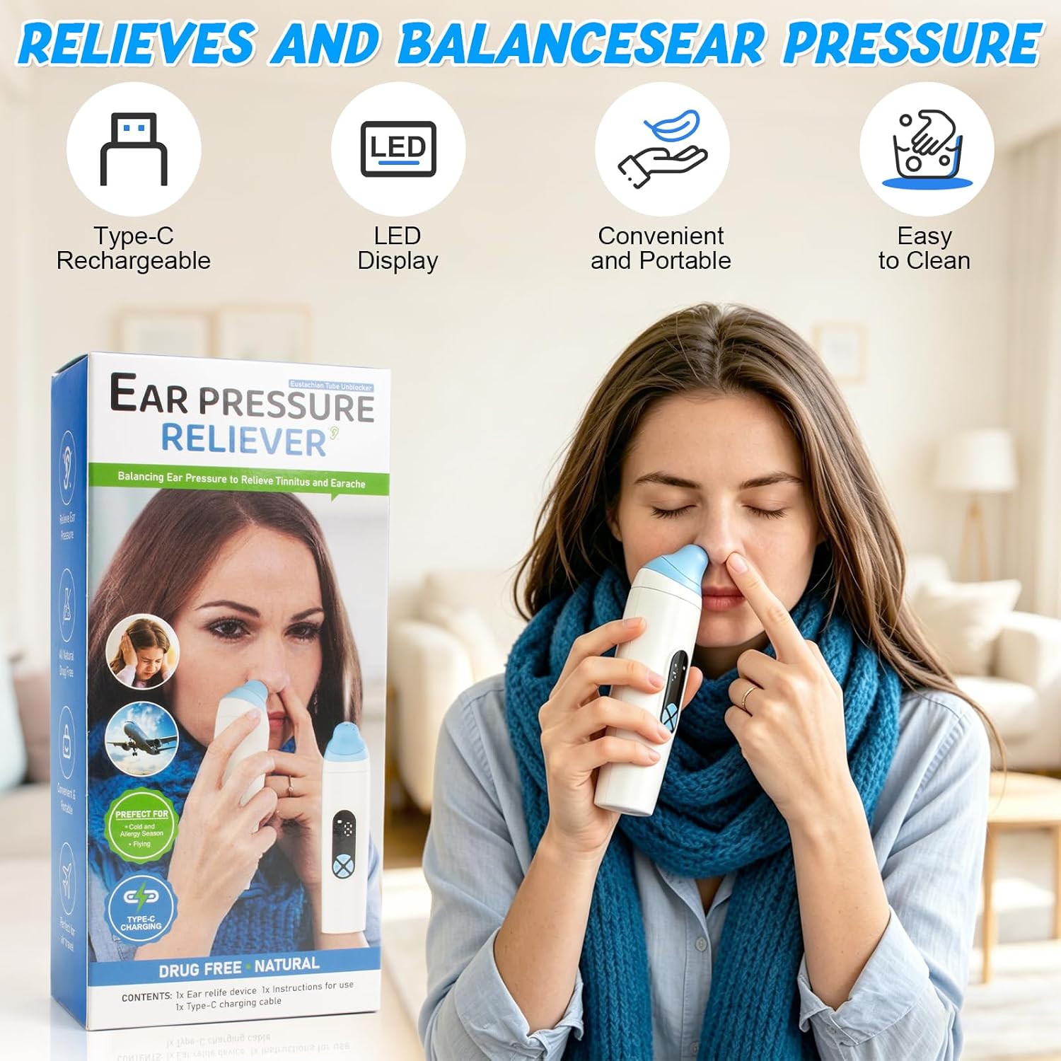 Ear Pressure Relief Device, Eustachian Tube Unblocker with 3 Speed Adjust, USB Rechargable Balanced Pressure Ear Popper Ear Relief Device for Flying Diving Swimming