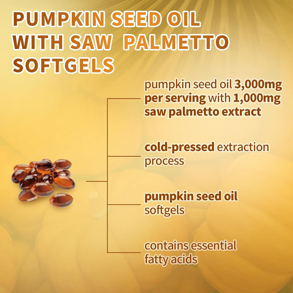 Pumpkin Seed Oil with Saw Palmetto Capsules, 300 Softgels | Organic, Cold Pressed | DHT Blocker | Supports Hair, Urinary, Bladder & Prostate Health | Non-GMO