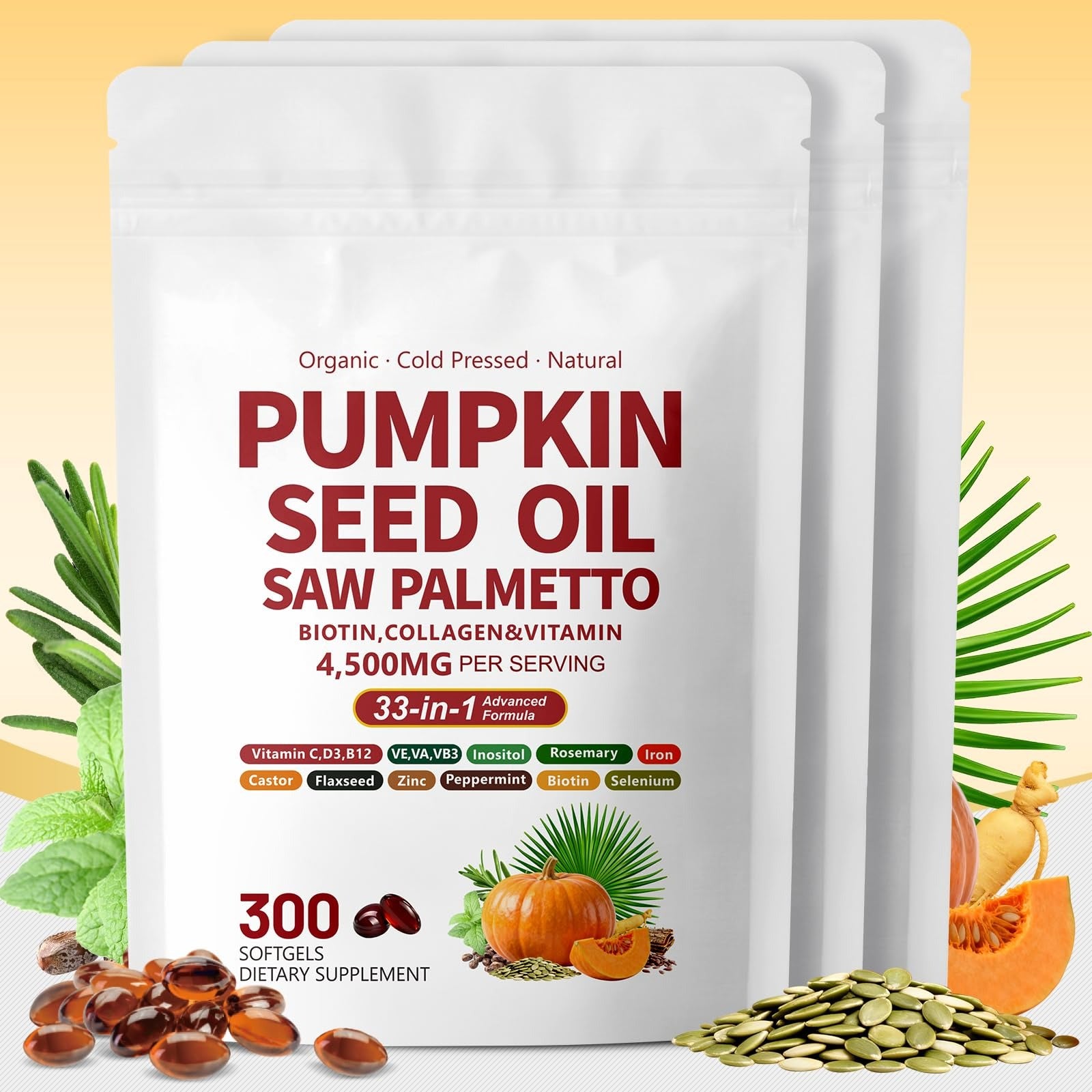 Pumpkin Seed Oil with Saw Palmetto Capsules | 4500mg | 300 Count| 33 in 1 Vitamin C D3 B12 E A, Castor, Zinc, Biotin, Iron, Peppermint | Hair Growth & DHT Blocker for Women Men
