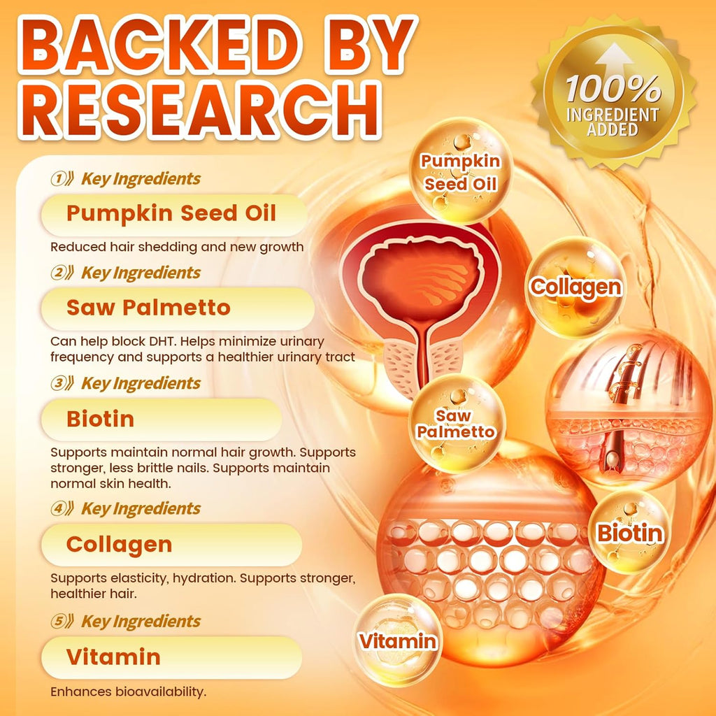 Pumpkin Seed Oil with Saw Palmetto Capsules |300 Count| 33 in 1 Vitamin C D3 B12 E A, Castor, Zinc, Biotin, Iron, Peppermint | Hair Growth & DHT Blocker for Women Men