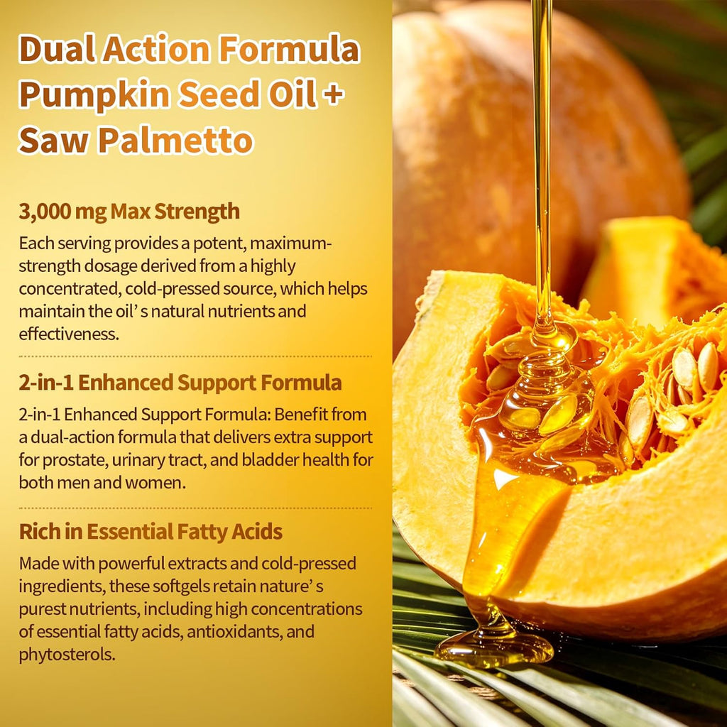 Pumpkin Seed Oil with Saw Palmetto Capsules, 300 Softgels | Organic, Cold Pressed | DHT Blocker | Supports Hair, Urinary, Bladder & Prostate Health | Non-GMO
