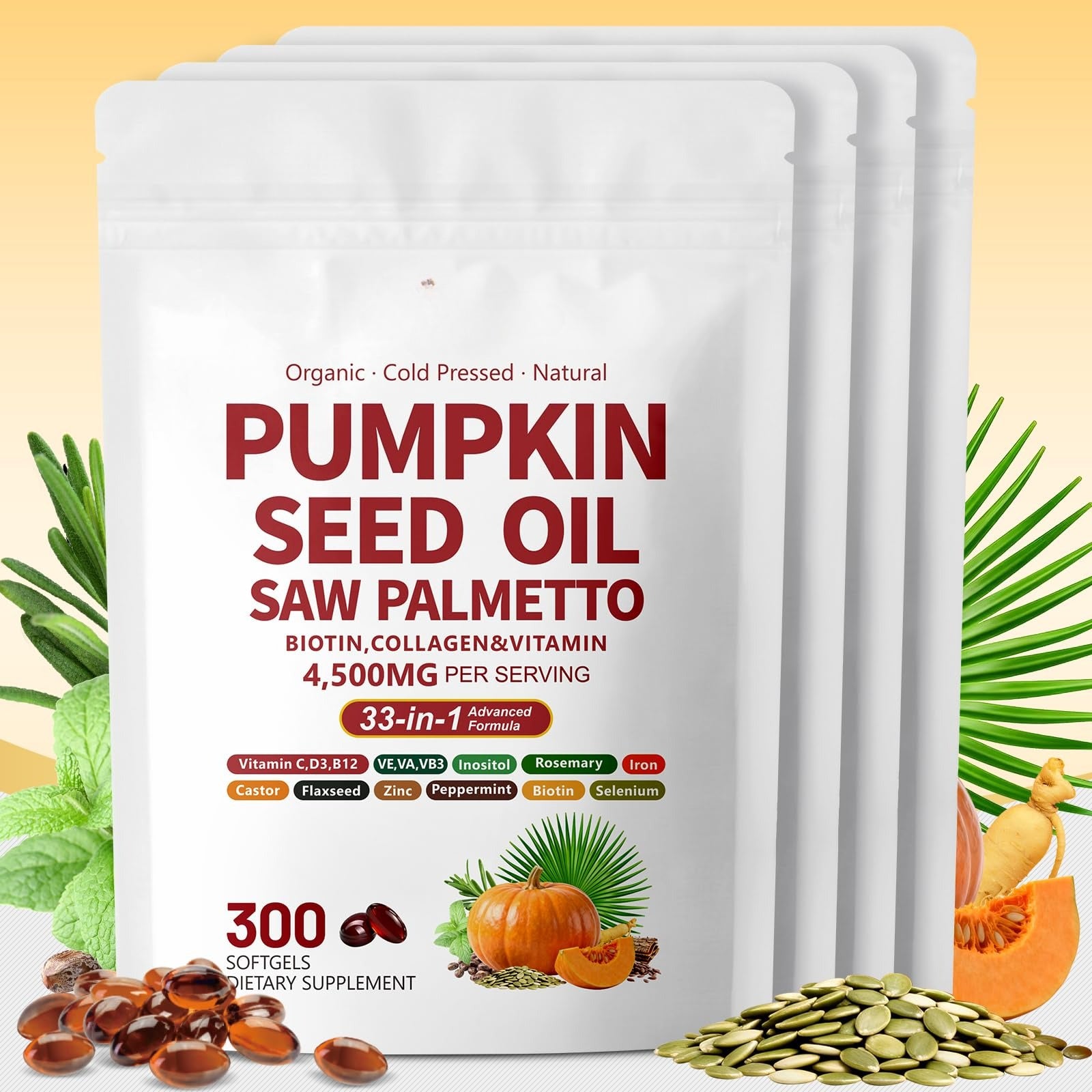 Pumpkin Seed Oil with Saw Palmetto Capsules | 4500mg | 300 Count| 33 in 1 Vitamin C D3 B12 E A, Castor, Zinc, Biotin, Iron, Peppermint | Hair Growth & DHT Blocker for Women Men