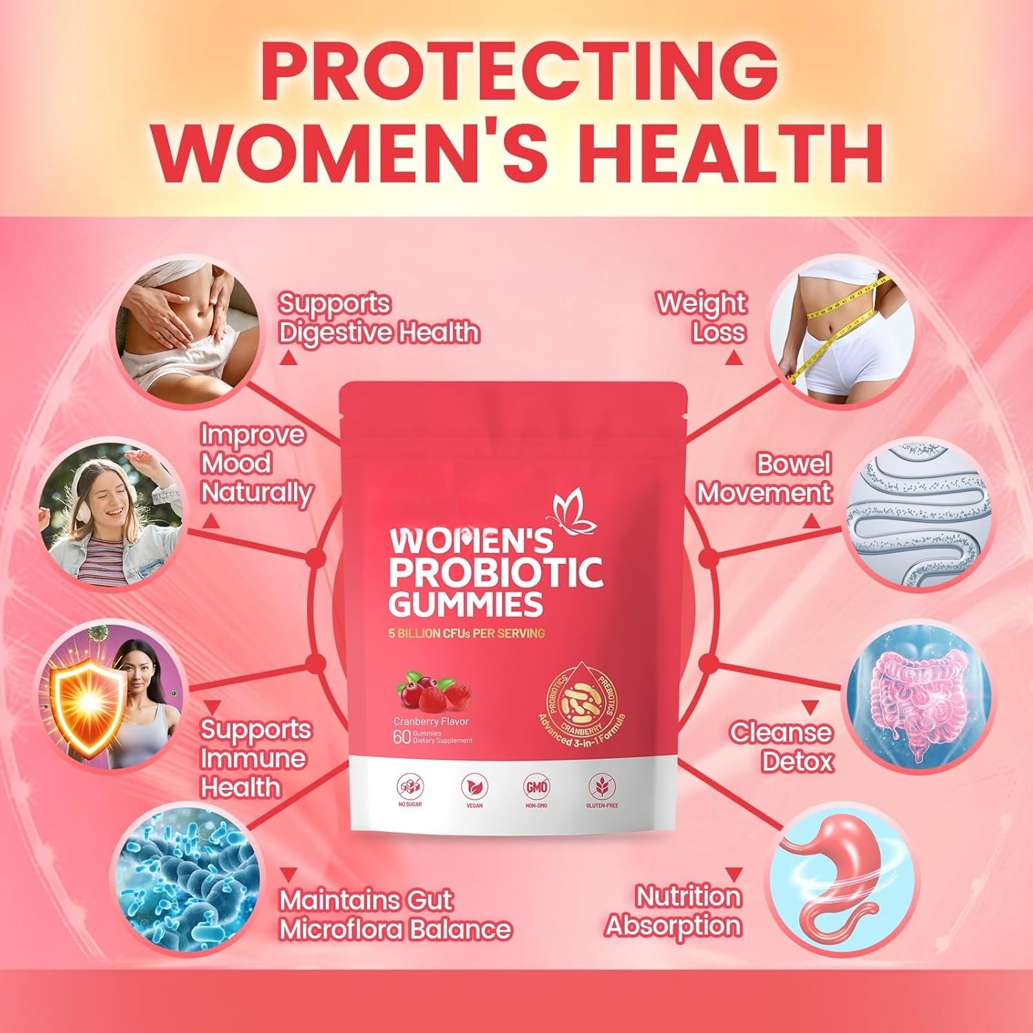 Viginal Probiotics for Women, Women Probiotic Gummies, Feminine Balance Gummies, Prebiotic Gummy, Cranberry Probiotics for Woman Vaginigal Health