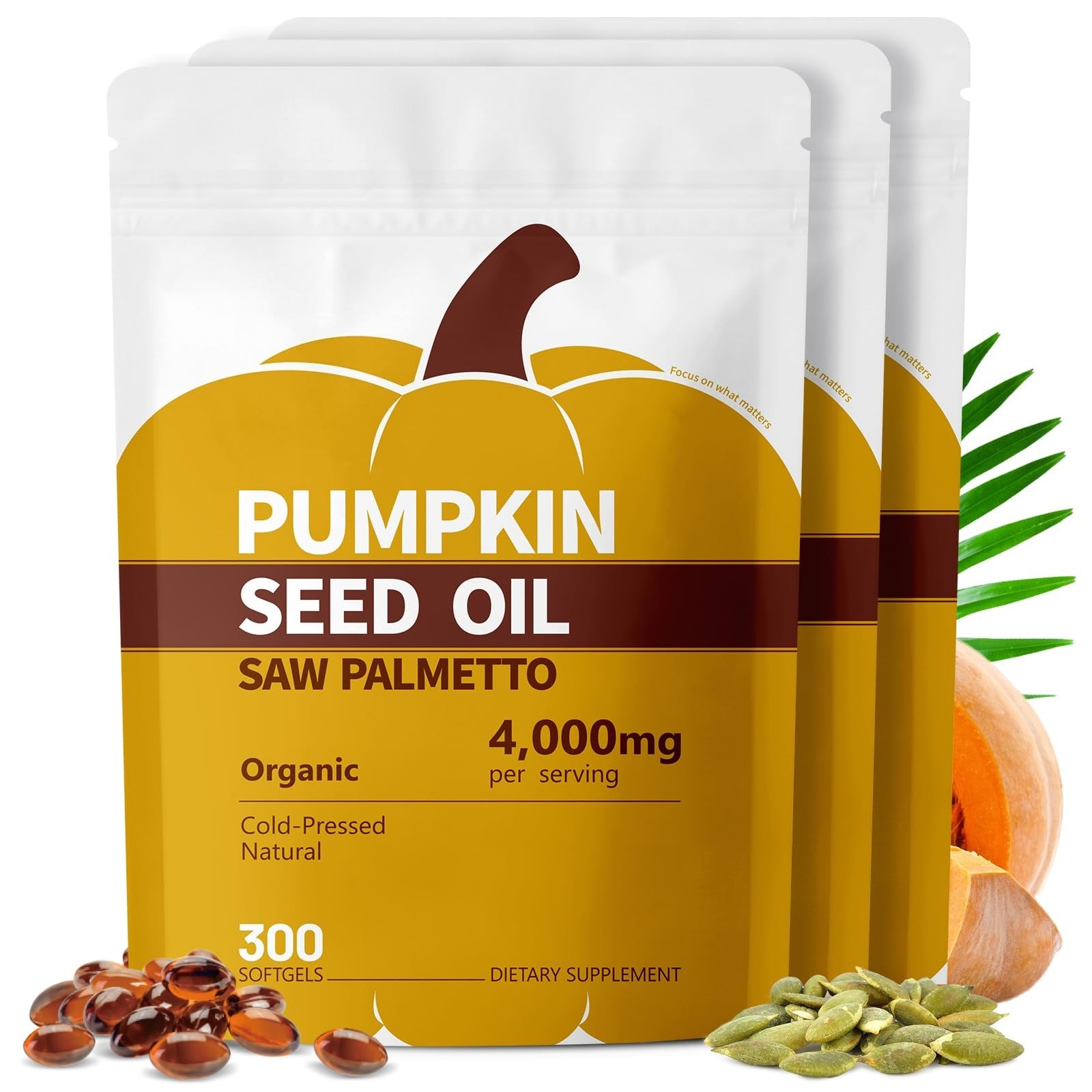 Pumpkin Seed Oil with Saw Palmetto Capsules, 4000mg 300 Softgels | Organic, Cold Pressed | DHT Blocker | Supports Hair, Urinary, Bladder & Prostate Health | Non-GMO