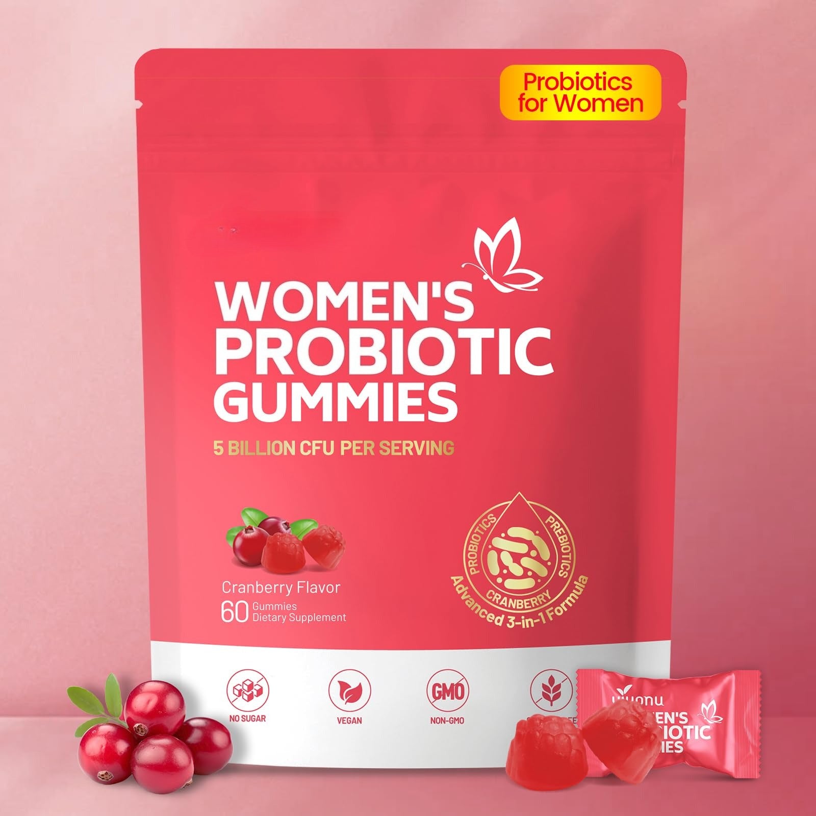 Viginal Probiotics for Women, Women Probiotic Gummies, Feminine Balance Gummies, Prebiotic Gummy, Cranberry Probiotics for Woman Vaginigal Health