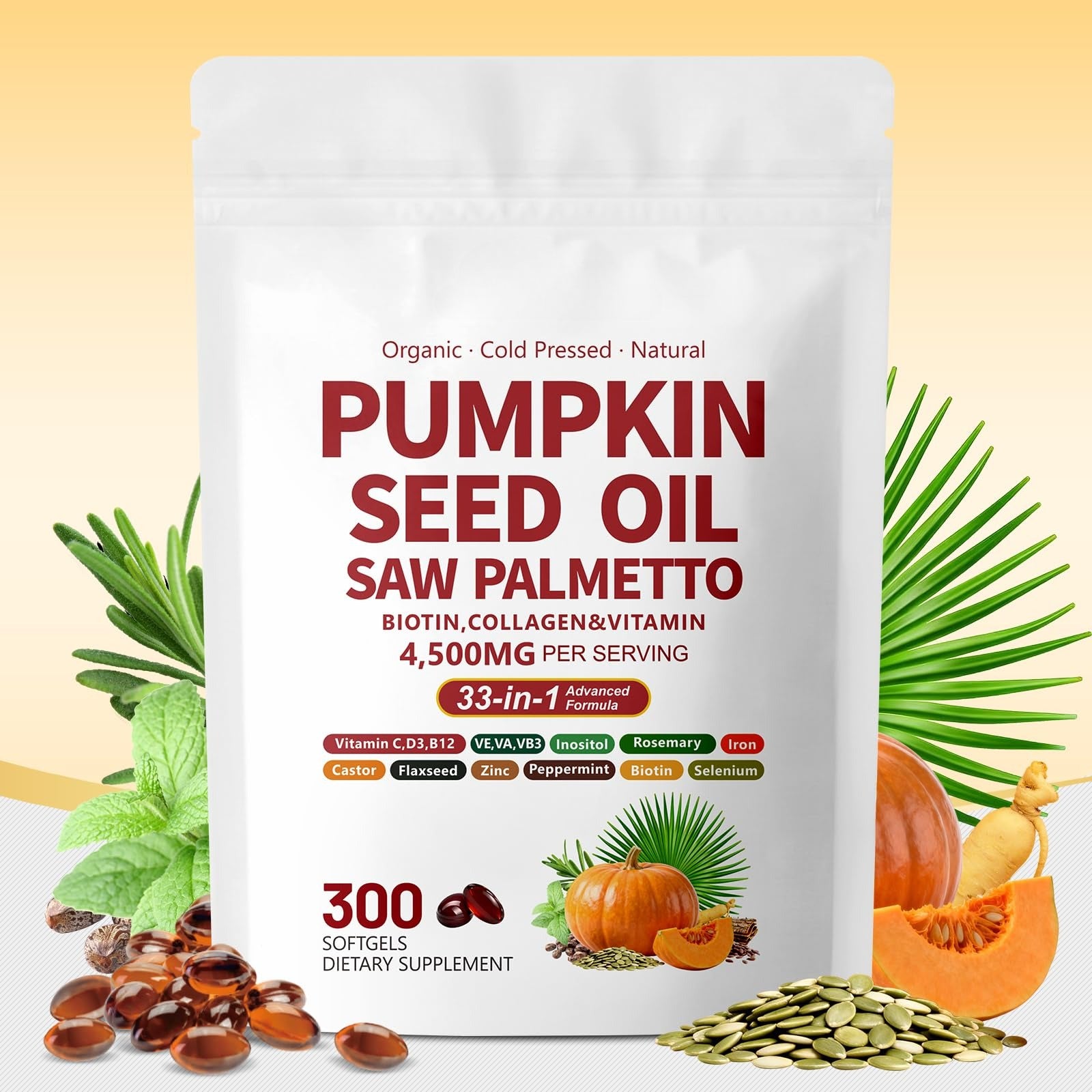 Pumpkin Seed Oil with Saw Palmetto Capsules | 4500mg | 300 Count| 33 in 1 Vitamin C D3 B12 E A, Castor, Zinc, Biotin, Iron, Peppermint | Hair Growth & DHT Blocker for Women Men