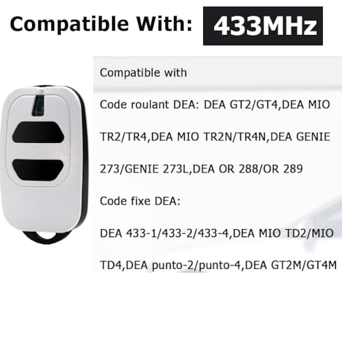 2PCS 433.92mhz Garage Door Opener, 2 Channels, Remote Control Key Fob for Garage Door Gate DEA GTI2 GTI4
