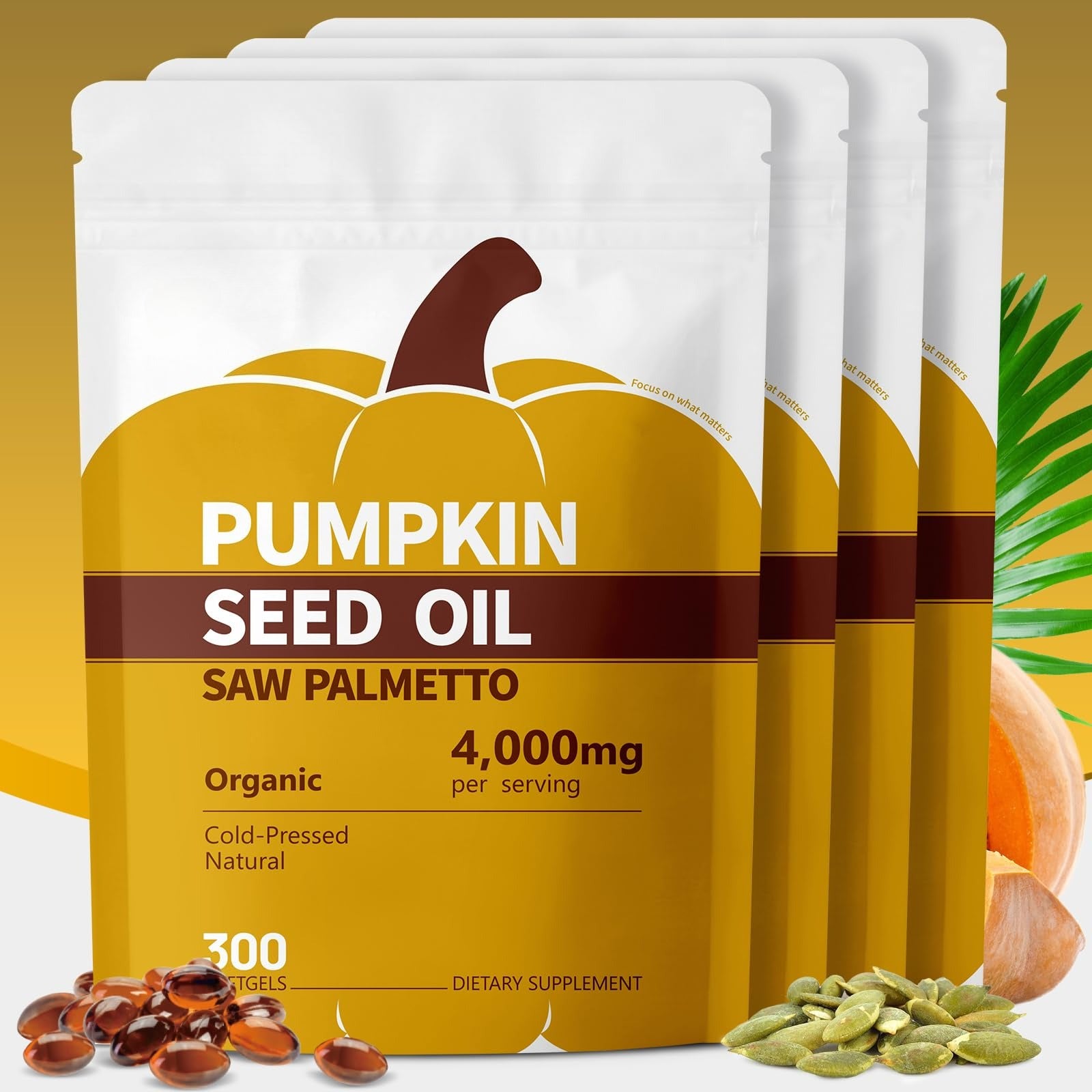 Pumpkin Seed Oil with Saw Palmetto Capsules, 4000mg 300 Softgels | Organic, Cold Pressed | DHT Blocker | Supports Hair, Urinary, Bladder & Prostate Health | Non-GMO