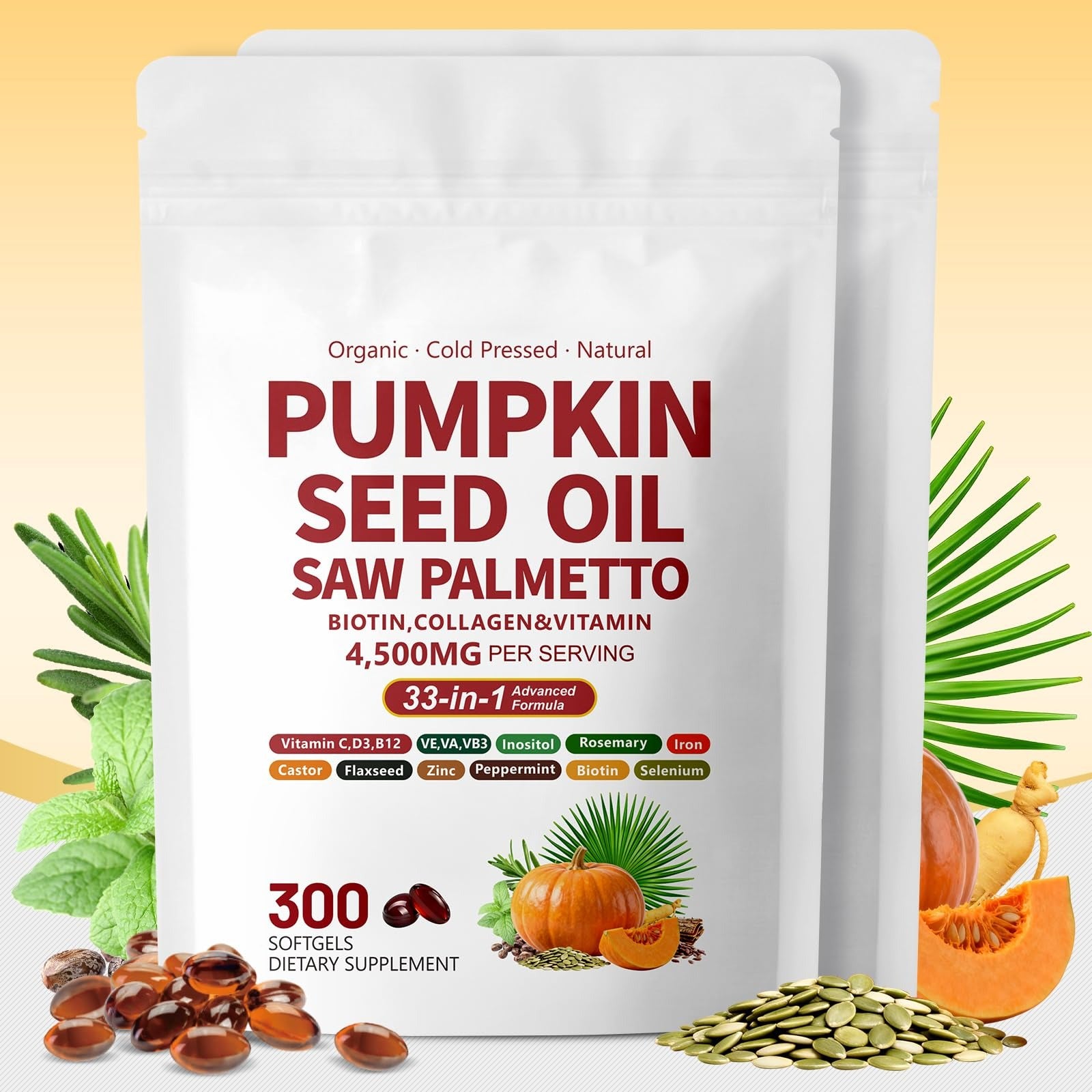 Pumpkin Seed Oil with Saw Palmetto Capsules | 4500mg | 300 Count| 33 in 1 Vitamin C D3 B12 E A, Castor, Zinc, Biotin, Iron, Peppermint | Hair Growth & DHT Blocker for Women Men